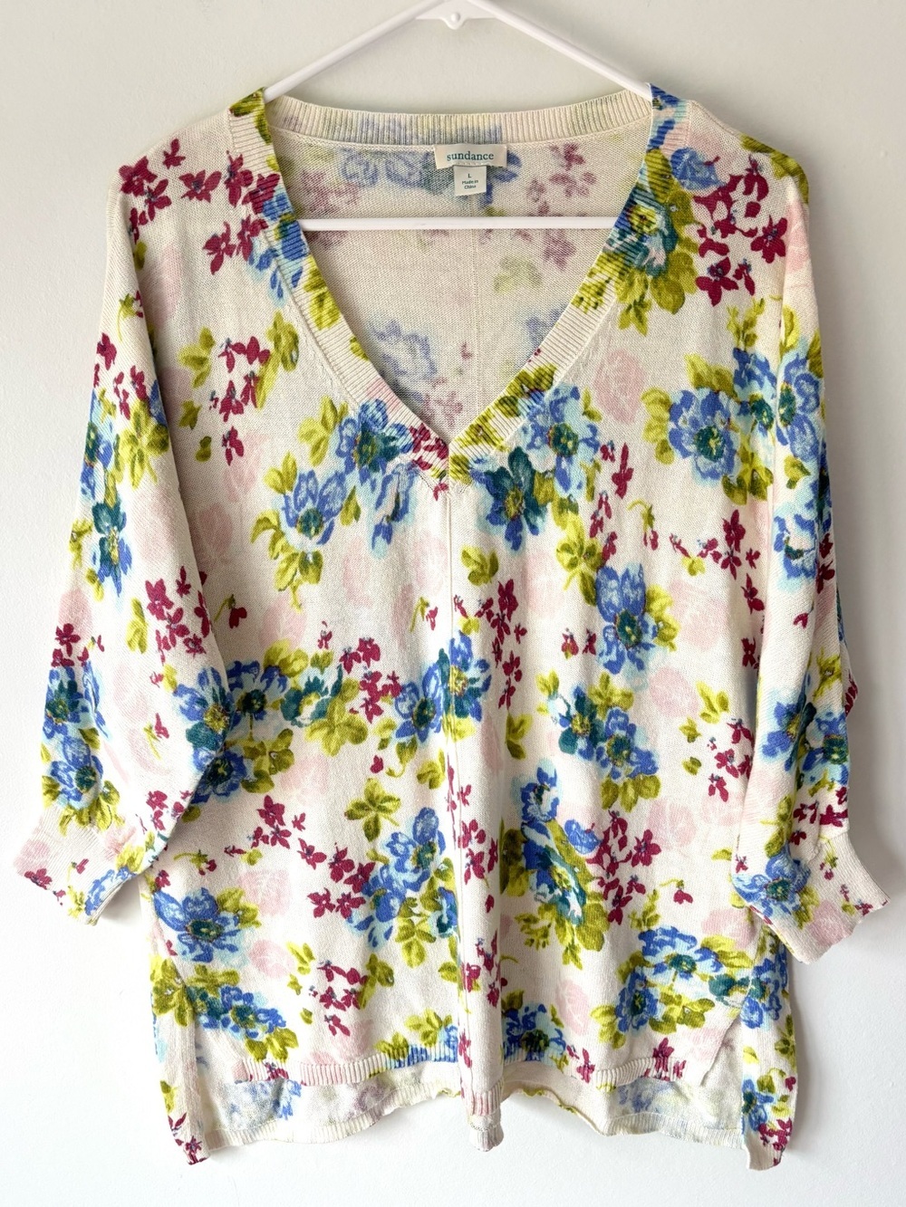 Sundance Johanna Floral V Neck Cotton Knit Sweater White Blue Green Boho